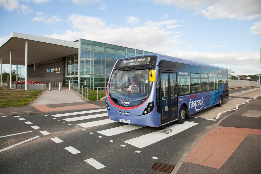 Image of bus driving past Ebbsfleet International train station