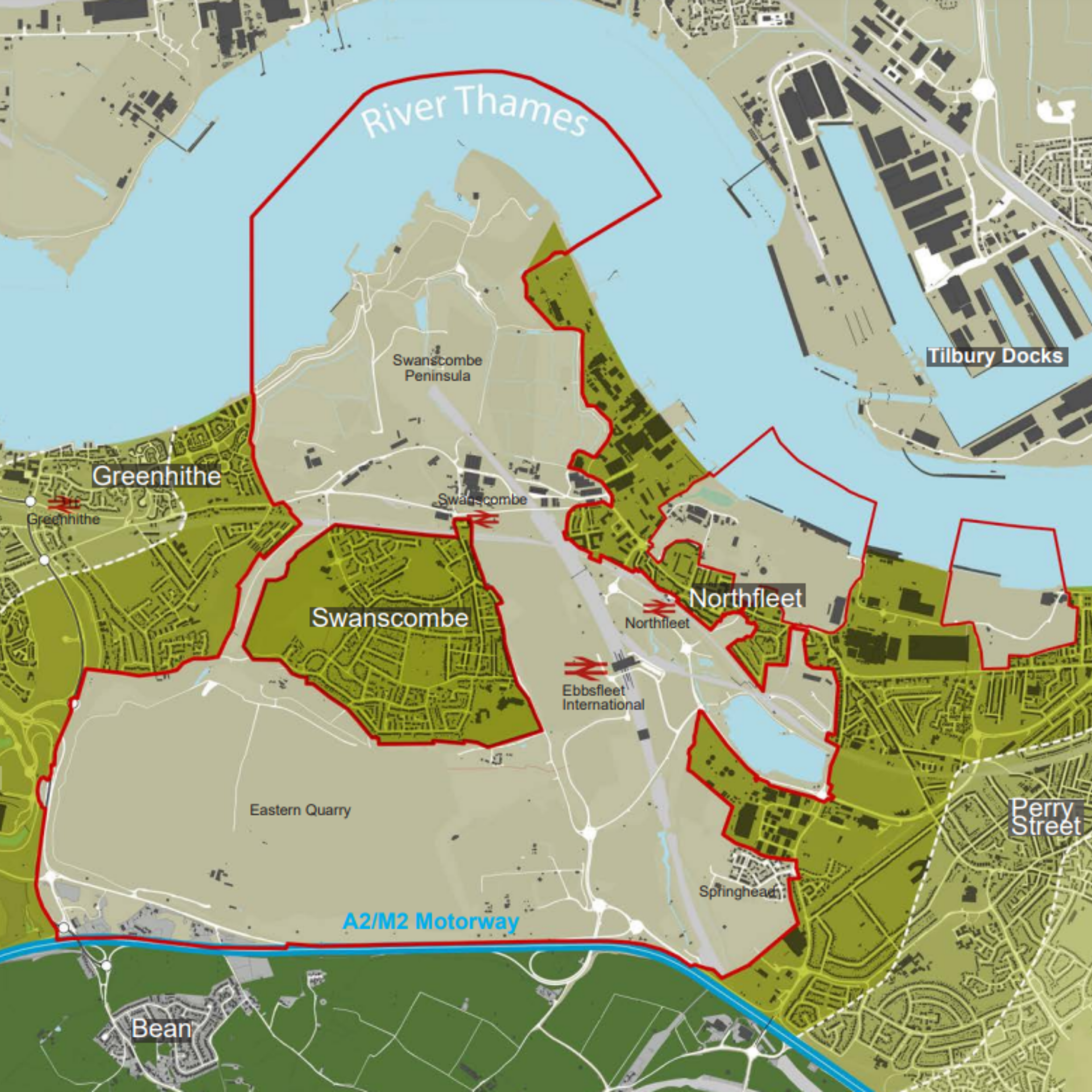 Map showing red line boundary of Ebbsfleet Development Corporation's planning powers in Ebbsfleet Garden City